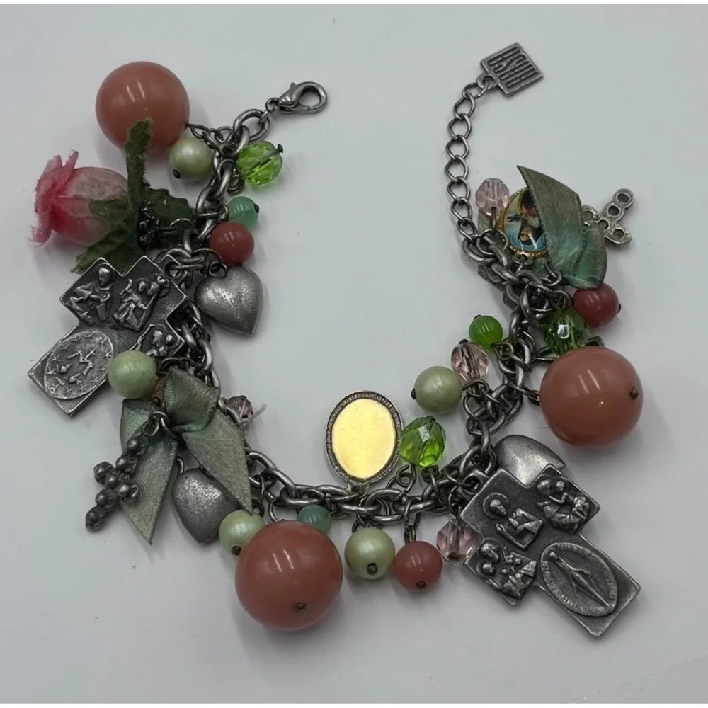 Rasa Signed Peach Green Beaded Pink Rose Religious Themed Charm Dangle‎ Bracelet